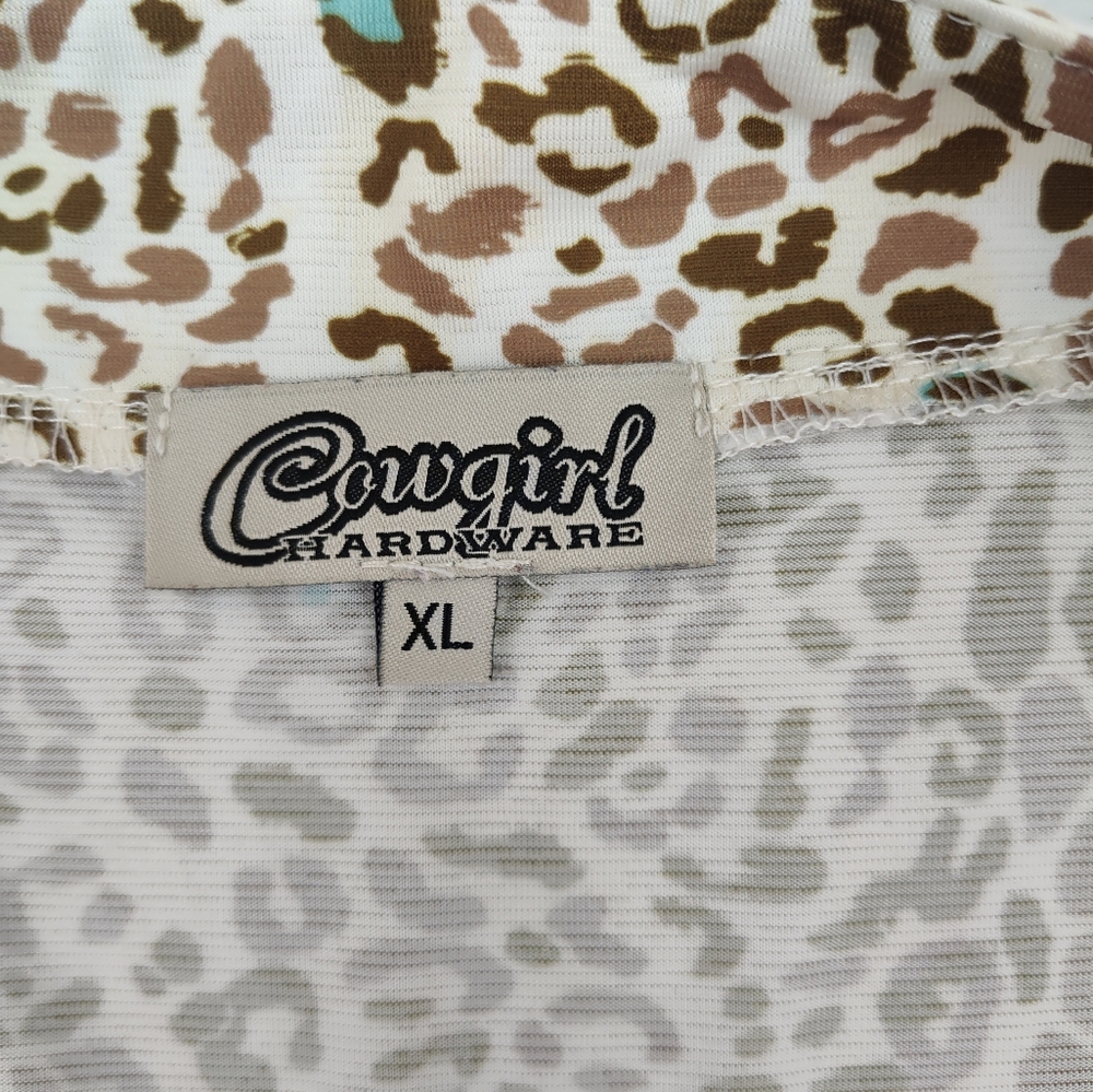 Cowgirl Hardware Leopard Print Women's Top Size XL Tan/Brown/Turquoise - Picture 2 of 3